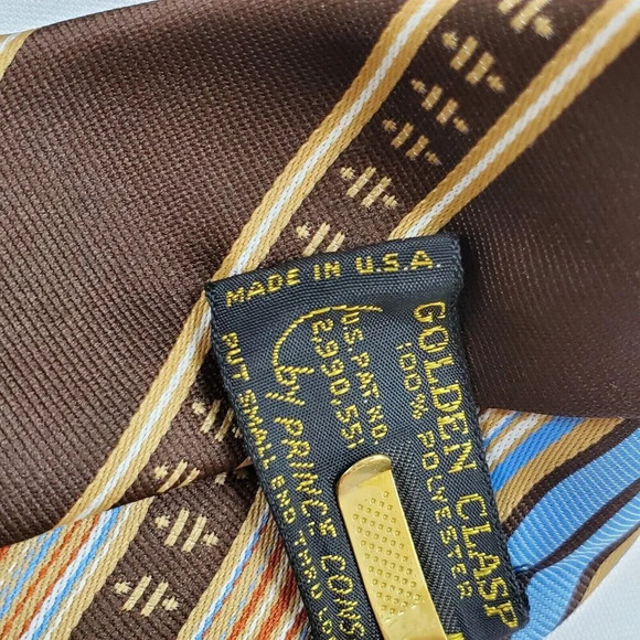 VTG Prince Consort Golden Clasp Tie Men's Polyester Necktie Brown Blue Striped - Picture 10 of 10